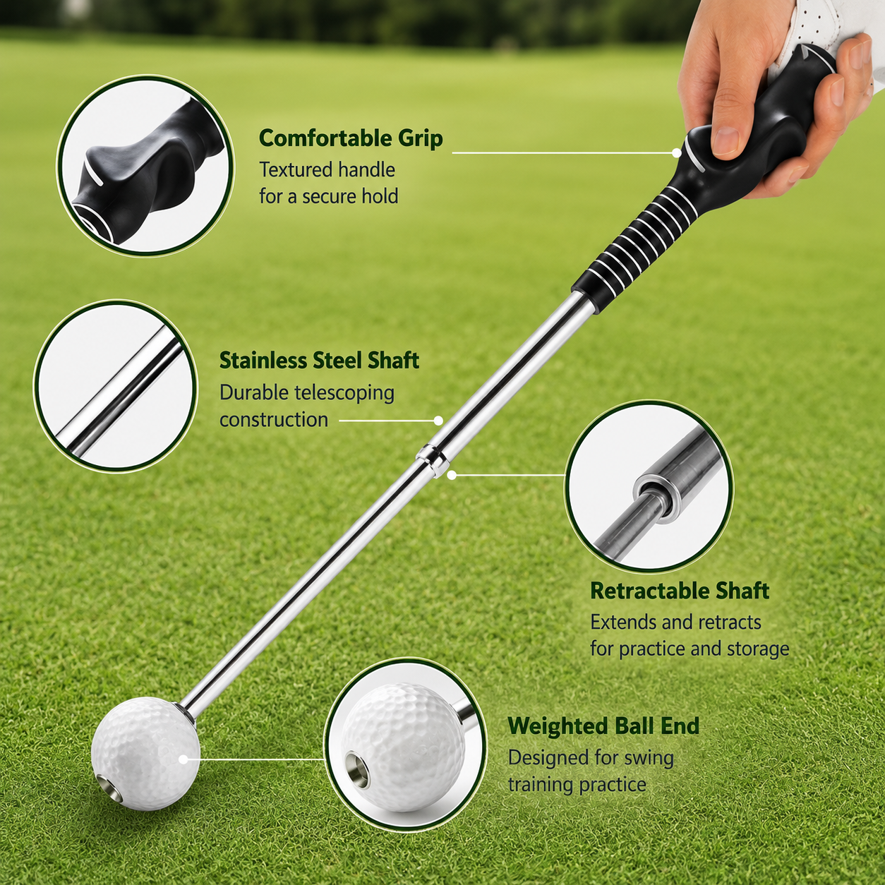Retractable Golf Swing Trainer – 4-in-1 Practice Aid Rod